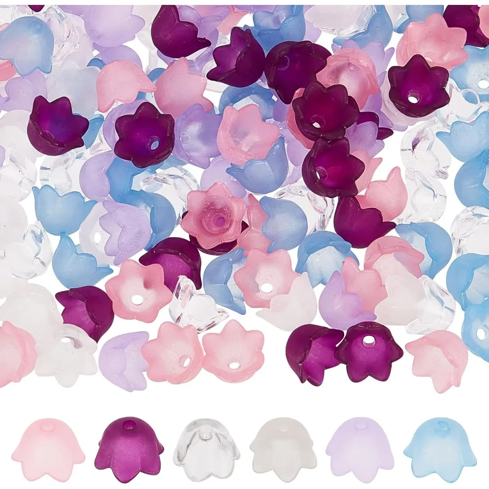 1 Box 600Pcs 6 Colors Acrylic Bead Caps Flower Bead Cap Flower Beads Acrylic Frosted Bell Tulip Flowers Lily Beads making kit