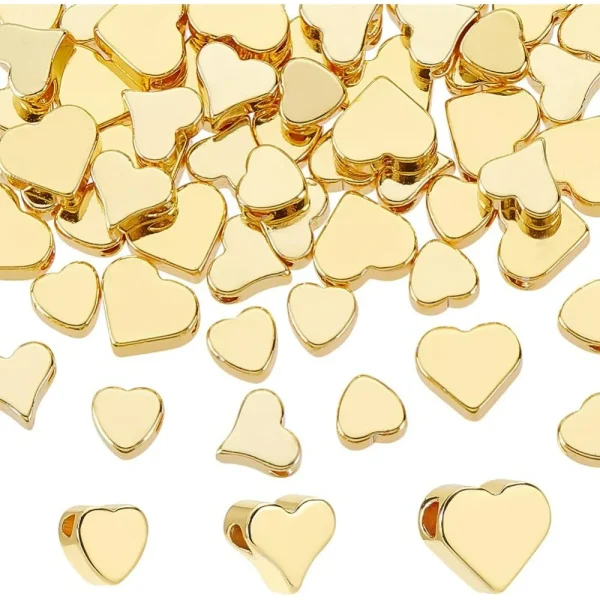 18K Gold Heart Beads 60pcs Valentine Beads 3 Sizes Long-Lasting Spacer Metal Brass Lover Jewelry Beads