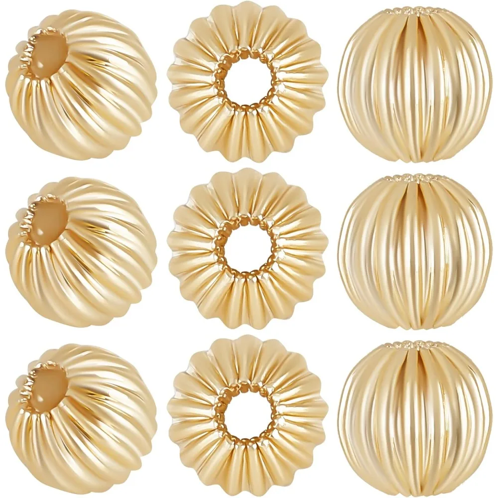 100Pcs/Box Round Spacer Beads 14K Gold Plated Brass Grooved Corrugated Loose Beads 6mm Jewelry Making Beads for DIY making kit