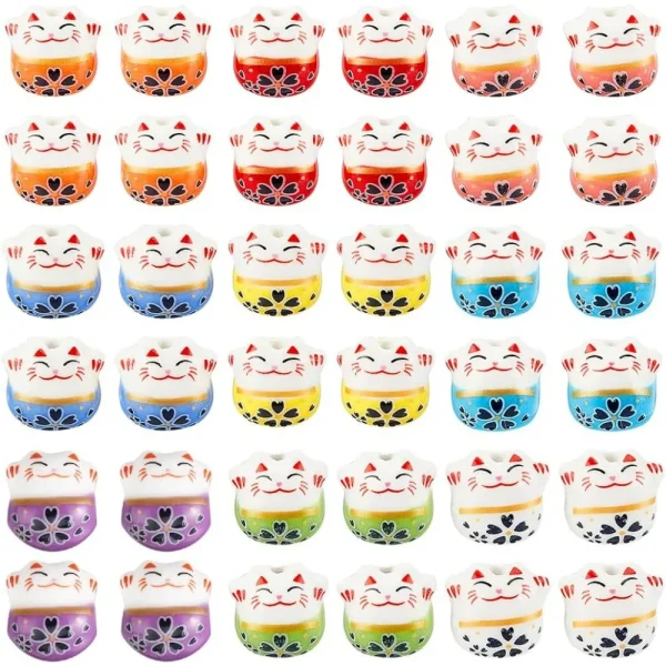 36pcs Lucky Cat Porcelain Bead Maneki Neko Spacer Beads Fortune Cat Loose Beads Charms for Jewelry Making Nacklace making kit