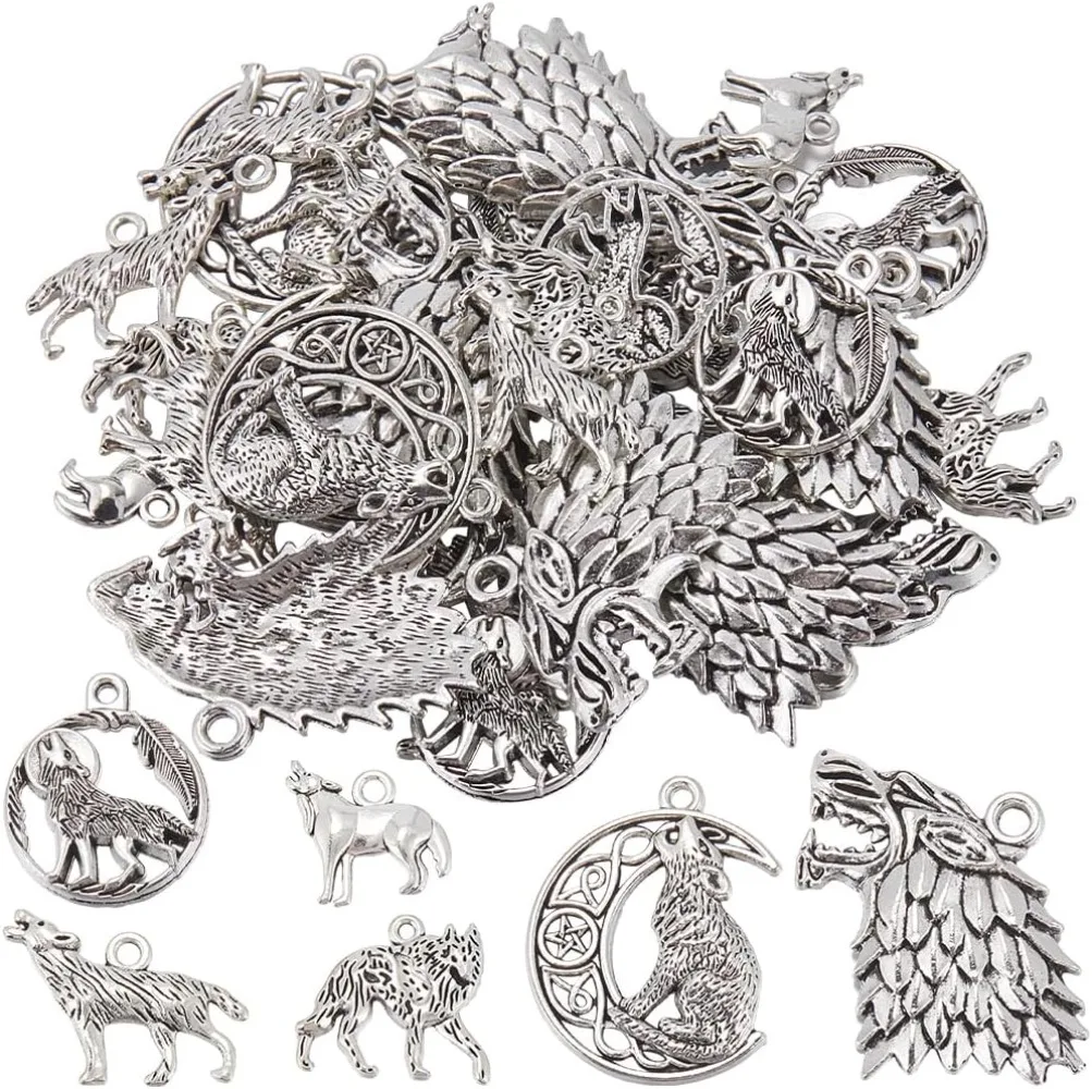 48Pcs 6 Stlyes Wolves Charms Wolf Charm Bulk Alloy Ancient Silver Moon Dragon Tibetan Style Feather Wild Animal Round making kit