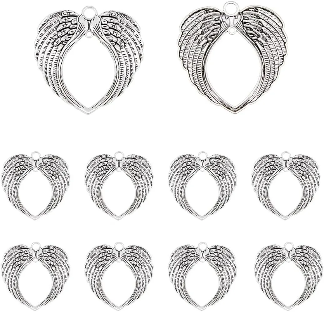 Memorial Hanging Ornaments Angel Wings Charms Heart Shaped Feather Charms Alloy Silver Pendants for DIY Necklace making kit