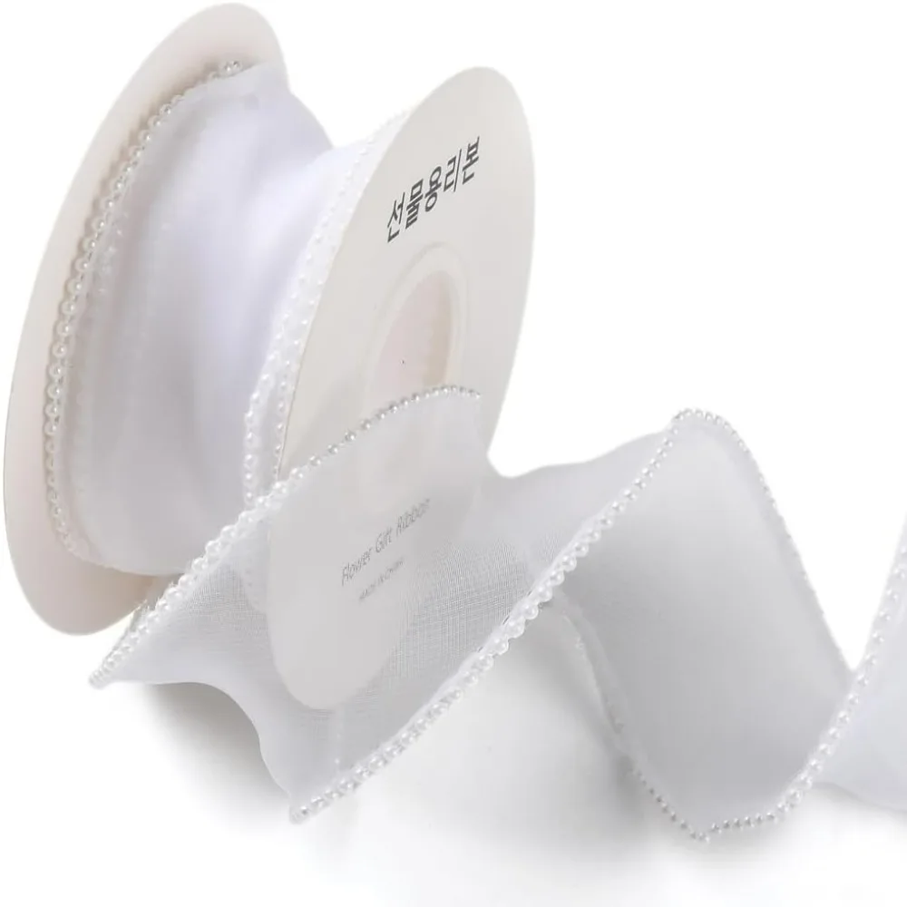 5 Yards 1 1/2 Inch White Faux Pearl Edge Ribbon Organza Mesh Smooth Ribbon Fishtail Sheer Transparent Ribbons Bundle making kit