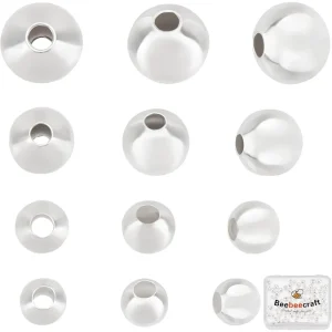 200Pcs 4 Size Round Spacer Beads 925 Sterling Silver Plated Brass Smooth Loose Beads Tarnish Resistant Seamless for making kit