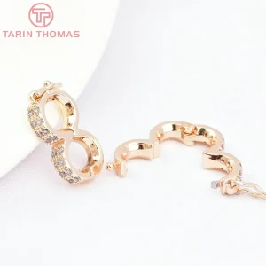 (7173) 2PCS 8x6MM 24K Gold Color Brass with Zircon Bracelet Charms Connector Clasp High Quality Jewelry Accessories Wholesale