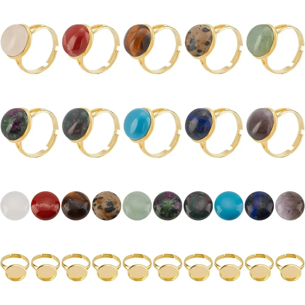 40pcs 10 Color Gemstone Cabochon Settings Adjustable Ring Blank with 12mm Gemstone Cabochons Ring Making Kit for making kit