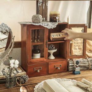 Retro Wooden Desktop Makeup Storage Organizer with 2 Drawers