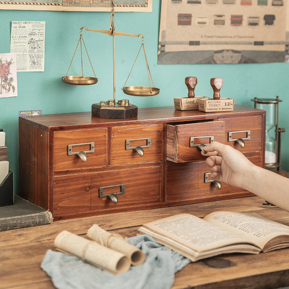 Desktop Retro Wood 6-Drawer Storage Organizer