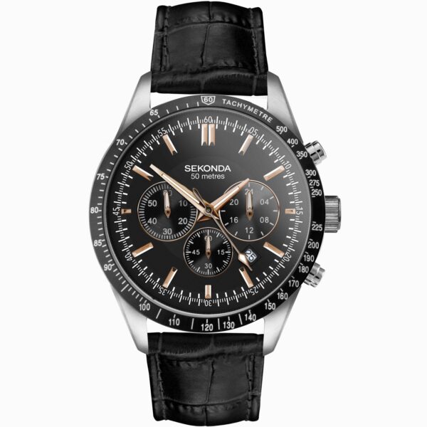 Sekonda Sekonda Velocity Chronograph Men's Watch | Stainless Steel Case & Black Leather Strap with Black Dial | 30017