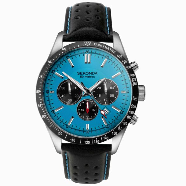 Sekonda Sekonda Velocity Chronograph Men's Watch | Stainless Steel Case & Black Leather Strap with Blue Dial | 30019