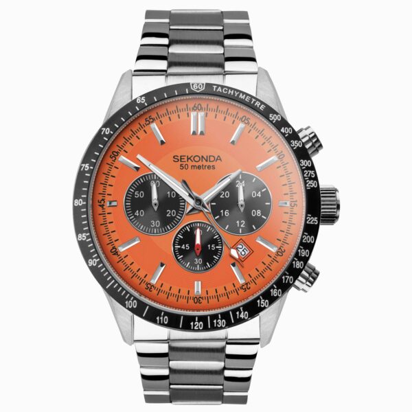 Sekonda Sekonda Velocity Chronograph Men's Watch | Stainless Steel Case & Bracelet with Orange Dial | 30025