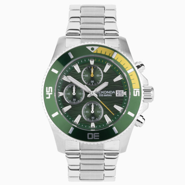 Sekonda Sekonda Pacific Wave Chronograph Men's Watch | Silver Stainless Steel Case & Bracelet with Green Dial | 30115