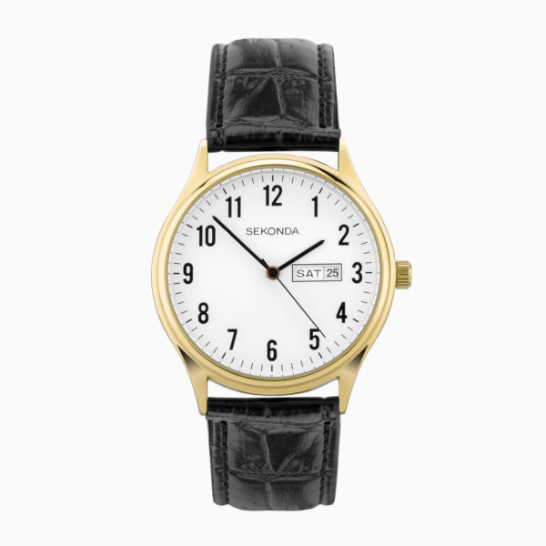 Sekonda Sekonda Easy Reader Ladies Watch | Gold Alloy Case & Black Leather Strap with White Dial | 30123