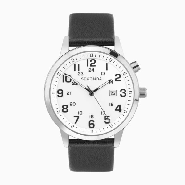 Sekonda Sekonda Easy Reader Men's Watch | Silver Alloy Case & Black Leather Strap with White Dial | 30125