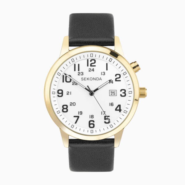 Sekonda Sekonda Easy Reader Men's Watch | Gold Alloy Case & Black Leather Strap with White Dial | 30127