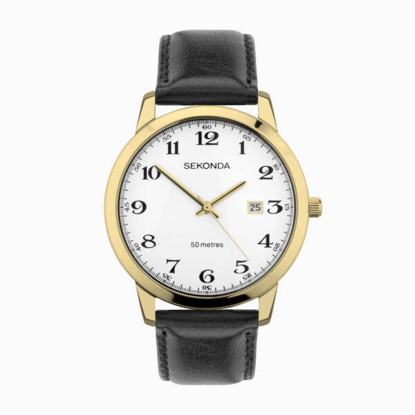 Sekonda Sekonda Easy Reader Men's Watch | Gold Stainless Steel Case & Black Leather Strap with White Dial | 30130