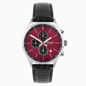 Sekonda Sekonda Endurance Dual Time Men's Watch | Silver Alloy Case & Black Leather Strap with Red Dial | 30145