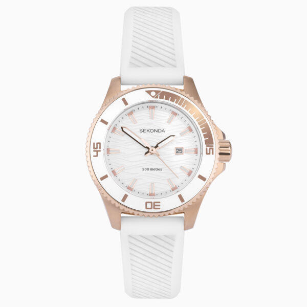 Sekonda Sekonda Pacific Wave Ladies Watch | Rose Gold Stainless Steel Case & White Silicone Strap with Silver-White Dial | 40572