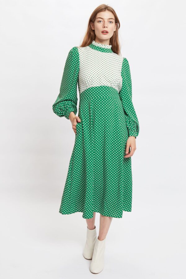 Louche Sorrel Polka Dot Print Long Sleeve Midi Dress