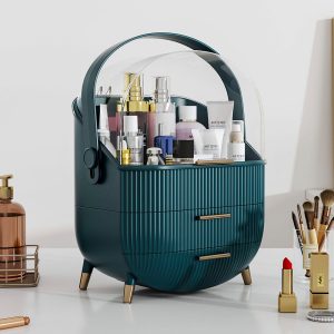 White/Green Makeup Storage Organizer Box with Drawers and Handle