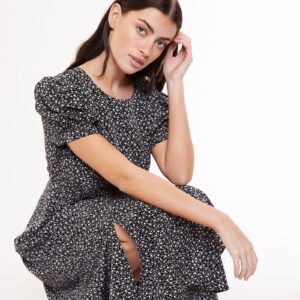 Louche Stasia Night Flower Print Statement Sleeve Midi Dress