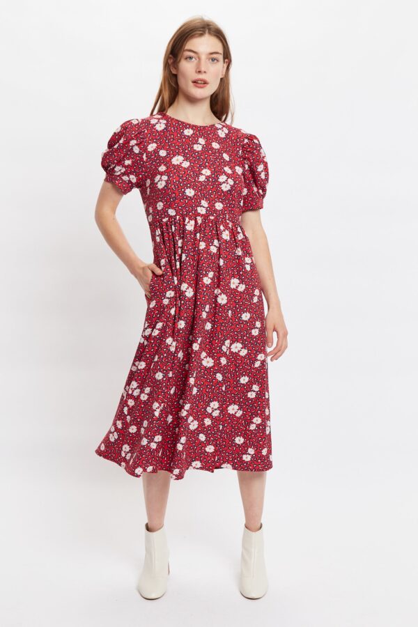 Louche Stasia Roaring Daisy Print V Back Puff Sleeve Midi Dress - Red