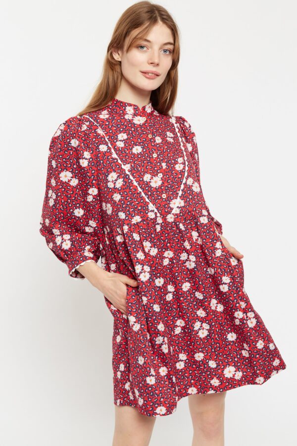 Louche Suzanne Roaring Daisy Print Long Sleeve Mini Dress - Red