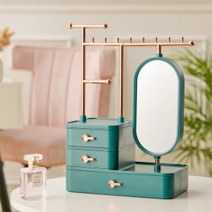 Green Jewelry Organizer with Mirror Hanging Rod Necklace Earring Display