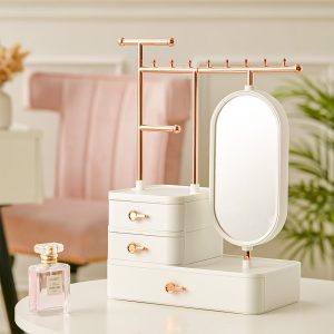 White Makeup Storage Box with Mirror Hanging Rod Necklace Earring Display