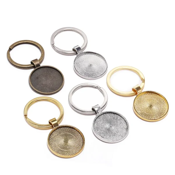 5Pcs/Lot 25mm Keychain With Pendant Bezel Blank Round Cameo Glass Cabochon Base Setting Keyring For DIY Jewelry Making Findings