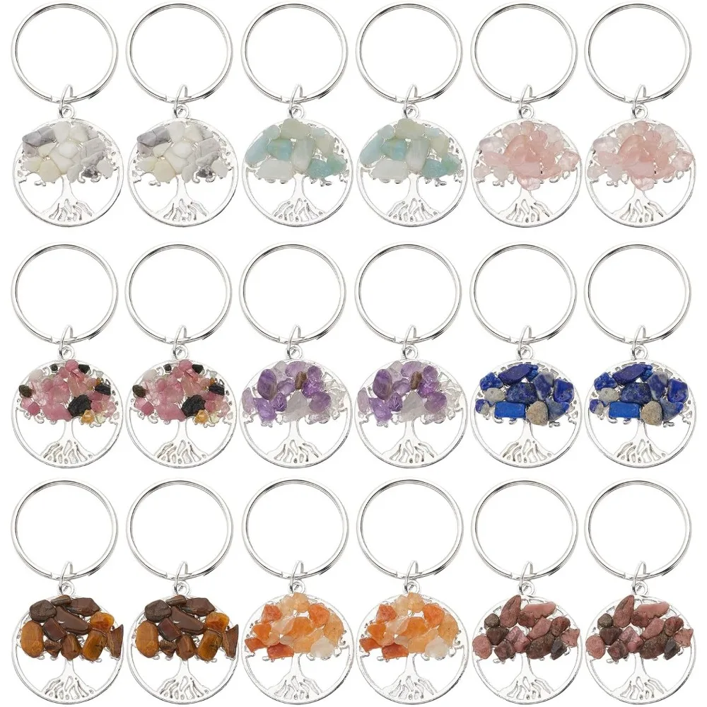 18pcs 9colors Tree of Life Keychain Natural Crystal Stone Handmade DIY Keychain Pendant with Stainless Steel making kit