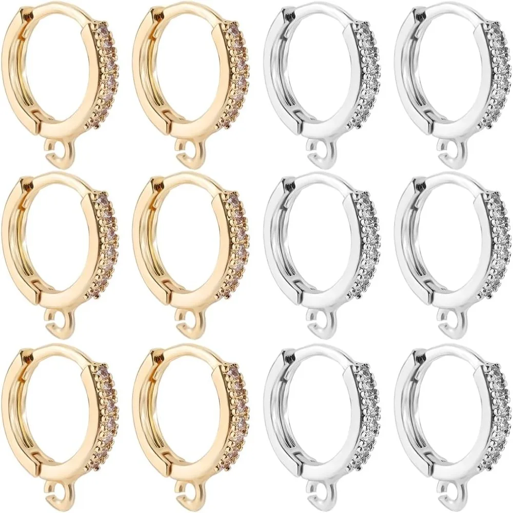 6 Pairs Huggie Hoop Earring Findings Cubic Zirconia Brass Round Leverback Earring Hooks with Loop French Earwires making kit