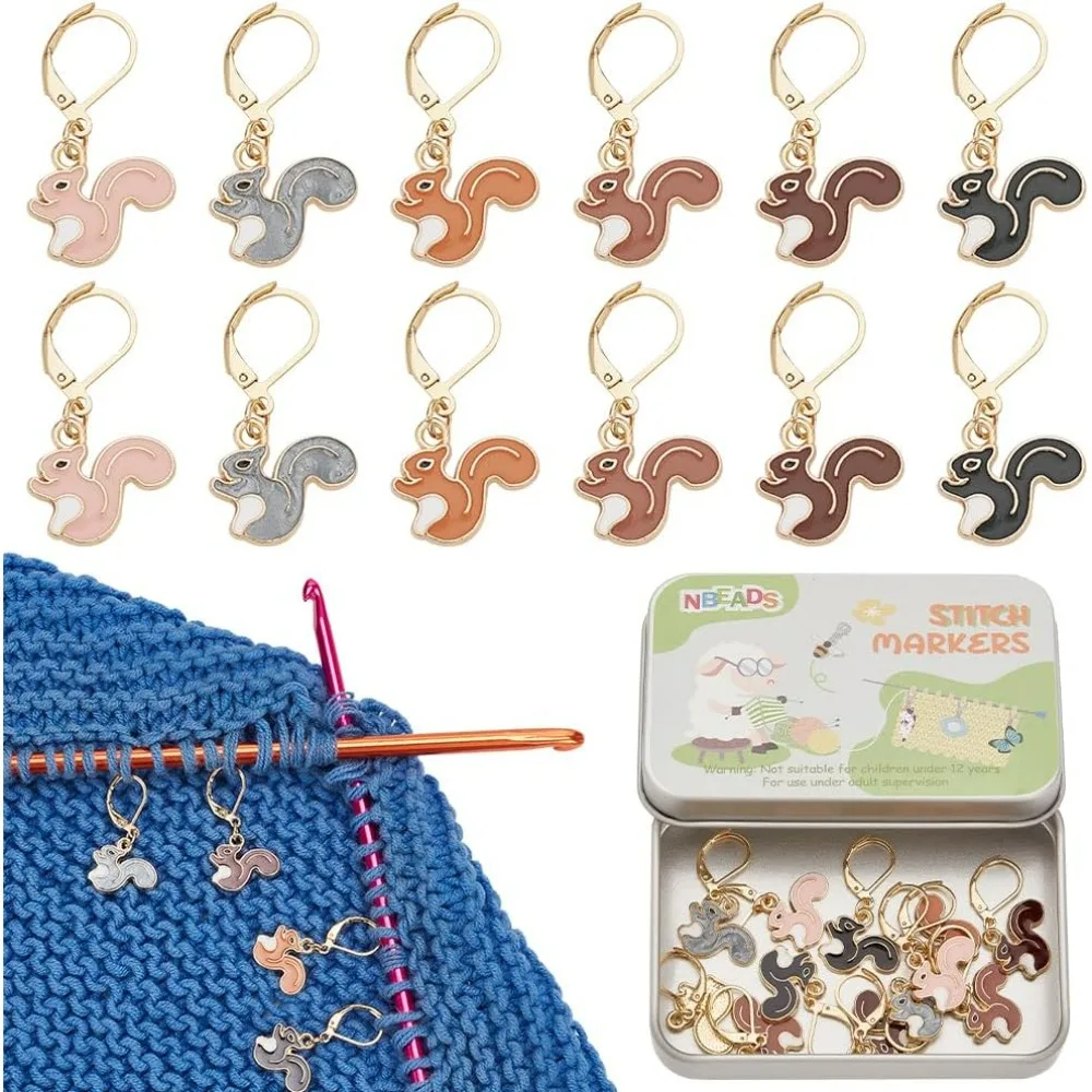 12 Pcs 6 Colors Squirrel Stitch Markers Alloy Enamel Crochet Stitch Marker Locking Stitch Marker with Leverback Clasp making kit