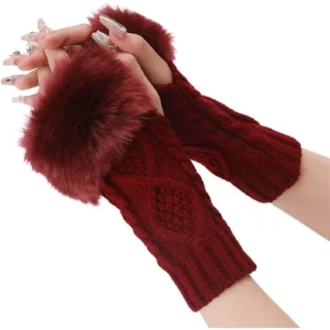 2 Pairs Dark Red Furry Fingerless Gloves Soft Fluffy Thumb Hole Gloves Knitting Winter Crochet Warm Arm Sleeves making kit