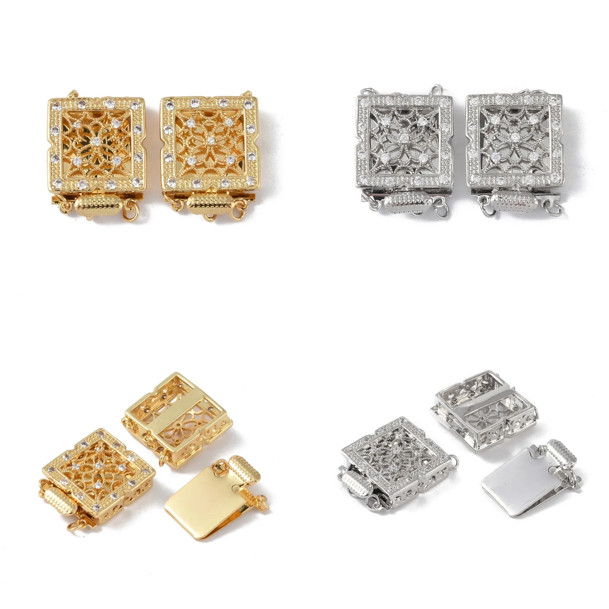 2pcs Brass Micro Pave Clear Cubic Zirconia Box Clasps 2Strand 4Hole Square Box Connector Clasps DIY Bracelet Jewelry Making