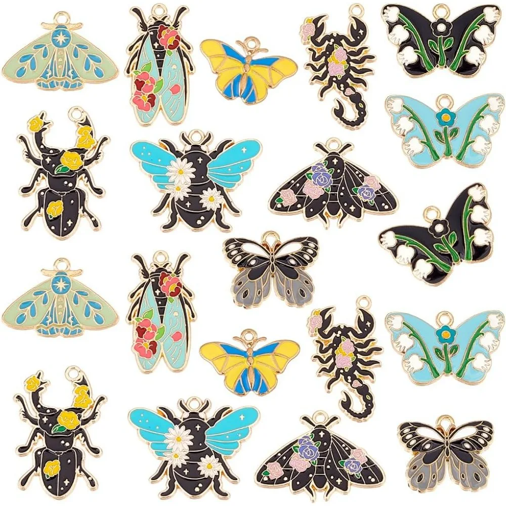 20Pcs 10 Styles Insect Pendants Butterfly Charms Scorpion Beetle Bees Pendants with Flower Enamel Metal Gold for Key making kit