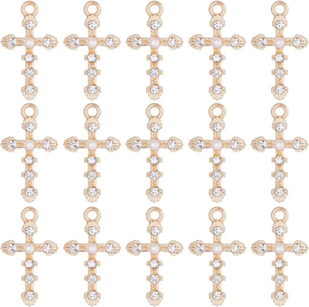 30Pcs Cross Charms Baroque Style Rhinestone Cross Charm Imitation Pearl Beads Easter Crosses Charms for Jewelry making kit