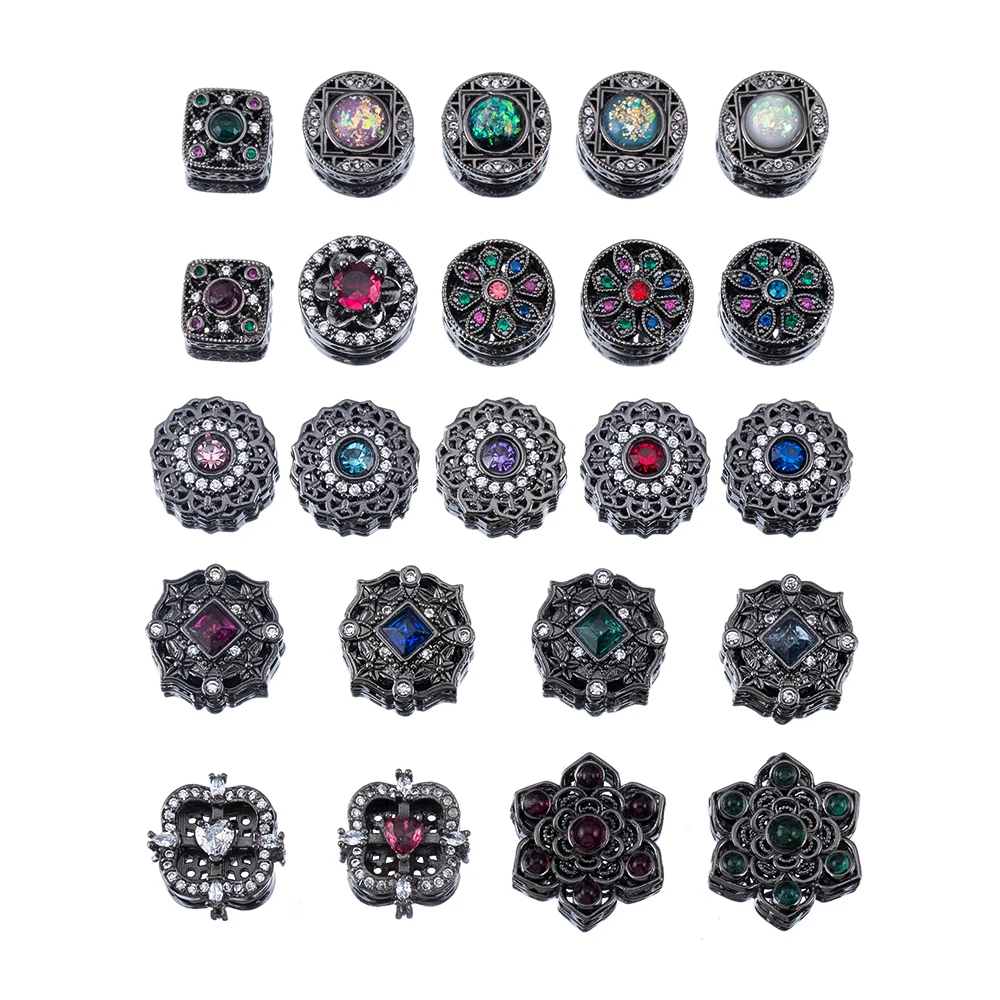 1pc Black Metal Round Spacer Bead Copper Bracelet Square Flower Crystal Beads Necklace Supplies National Jewelry Making Material