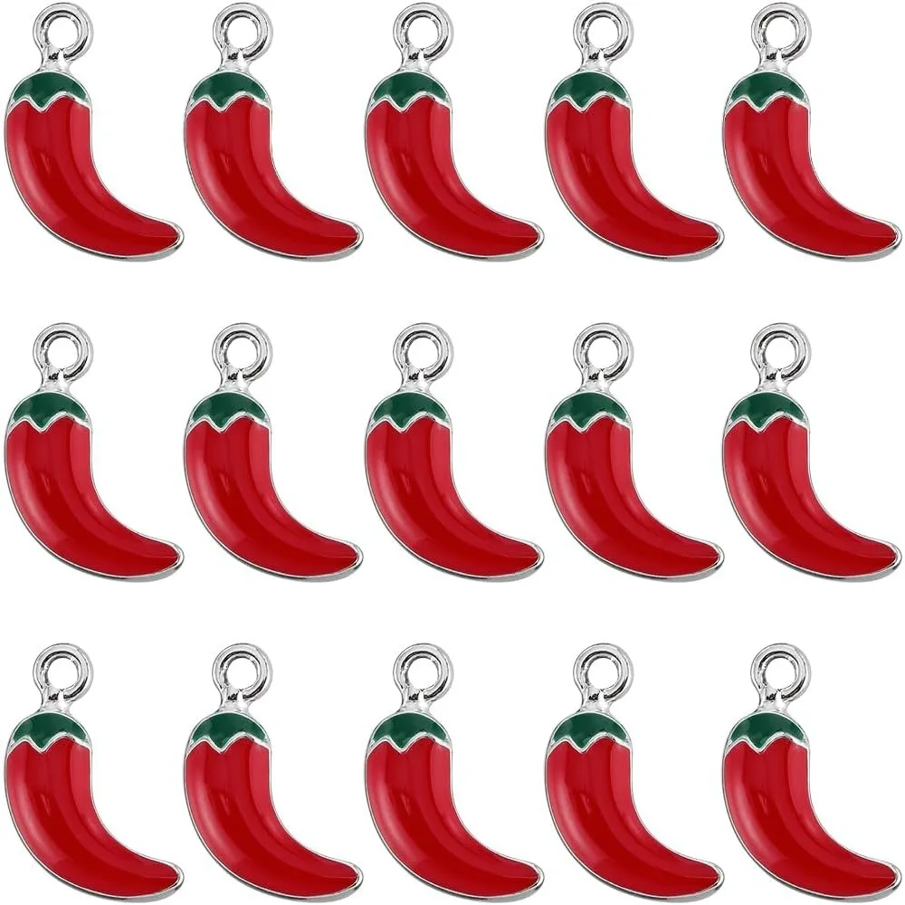 1 Box 40Pcs Chili Pepper Charms Bulk Red Chili Charm Silver Alloy Enamel Cinco De Mayo Mexican Fiesta Chili Charms making kit