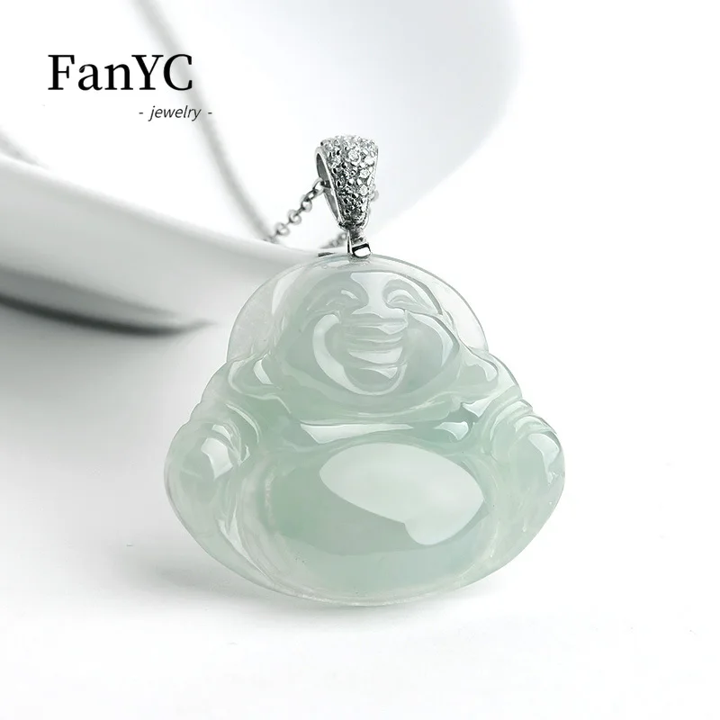 Natural A-goods Jadeite Light Oil Green Buddha Pendant S925 Silver Inlaid Simple Delicate Ice Jade Necklace Ladies Holiday Gift