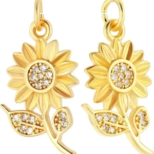 12Pcs Sunflower Charms 18K Gold Plated Brass Flower Charms with Cubic Zirconia for Drop Dangle DIY Necklace Bracelet making kit