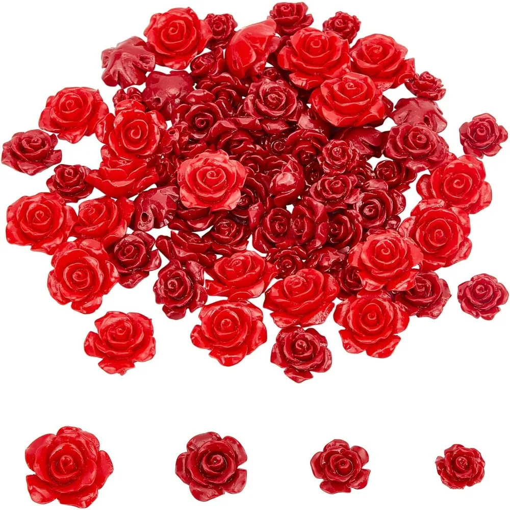 80 Pcs Red Rose Flowers Beads 4 Styles Dyed Synthetic Coral Beads Flower Carving Charms Loose Beads for Valentine's making kit