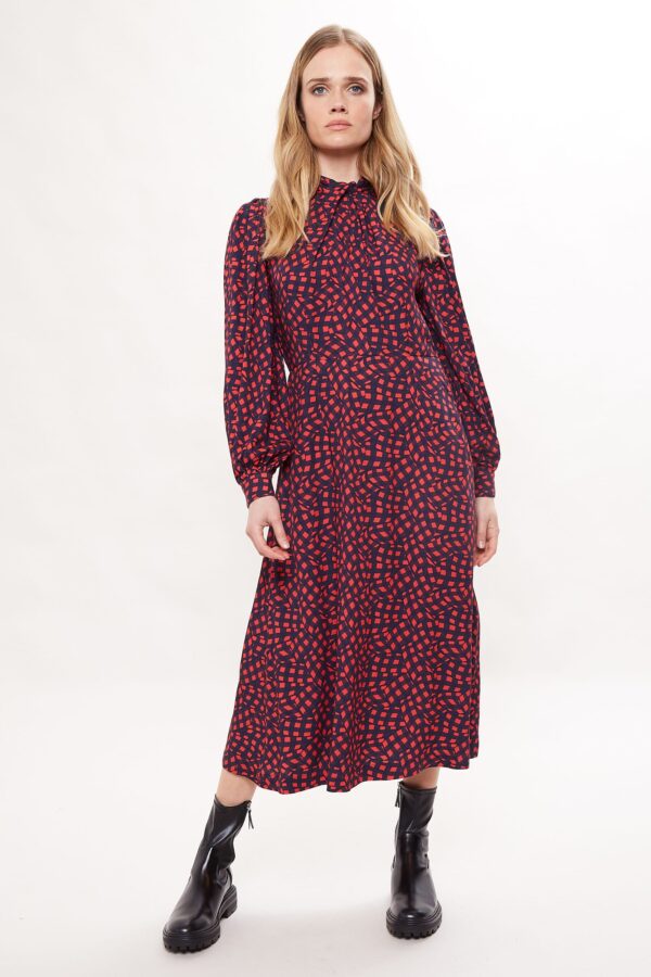 Louche Tovella Gingham Twist Print Long Sleeve Twist Neck Midi Dress