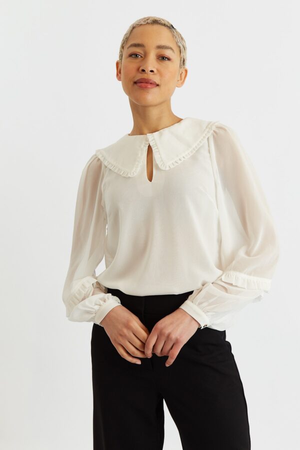 Louche Tuppence Statement Collar Long Sleeve Blouse White