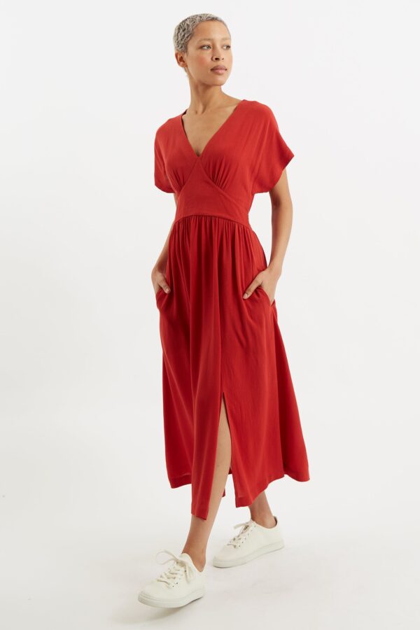 Unity Moss Crepe V-Neck Midi Dress Terracotta