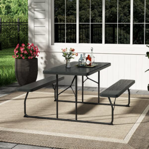 Collapsible picnic table and bench set measuring 151 cm width with a parasol hole