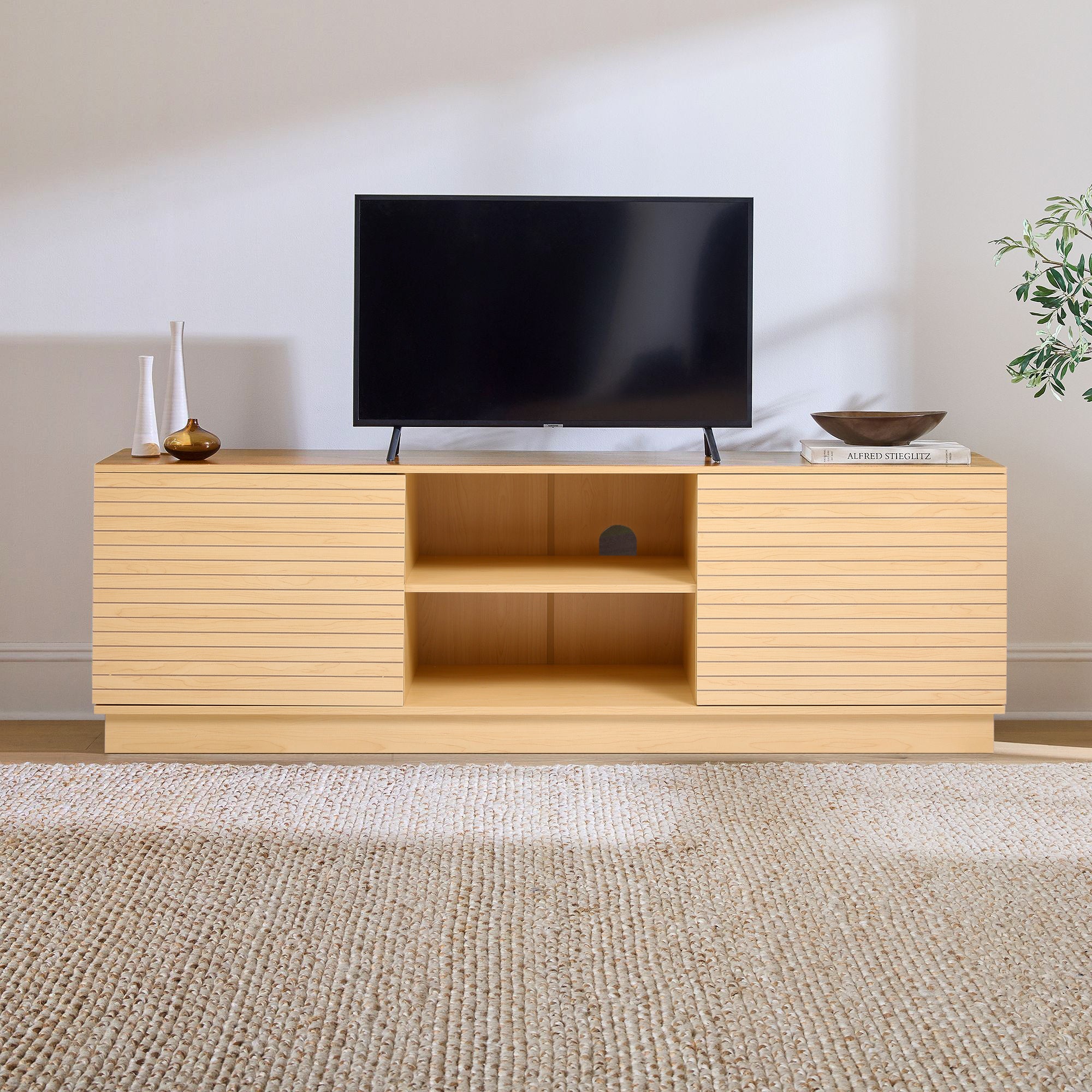 Rustic Wood TV Stand with 2 Doors and 2 Open Shelves