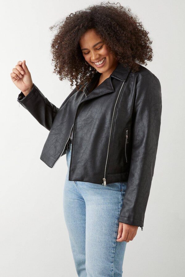 Womens Curve Faux Leather Biker Jacket - Black - 28