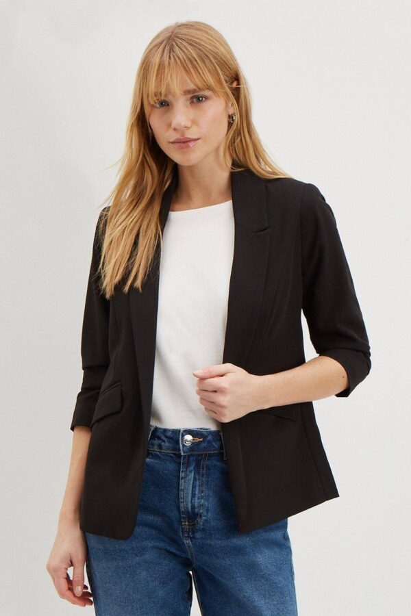 Womens Petite Black Ruched Sleeve Blazer - 12