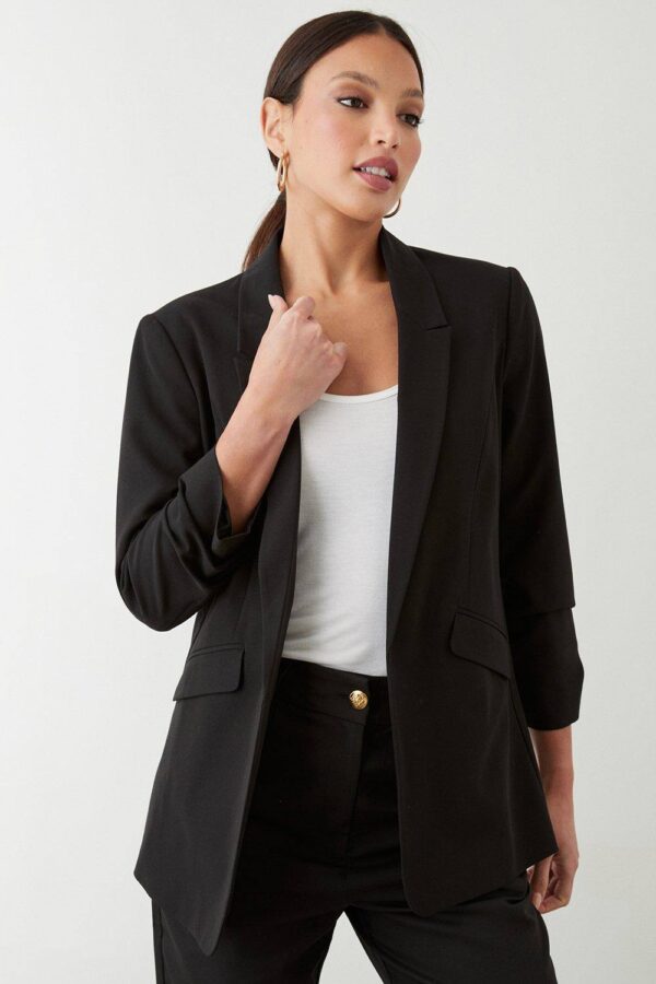 Womens Tall Black Ruched Sleeve Blazer - 16